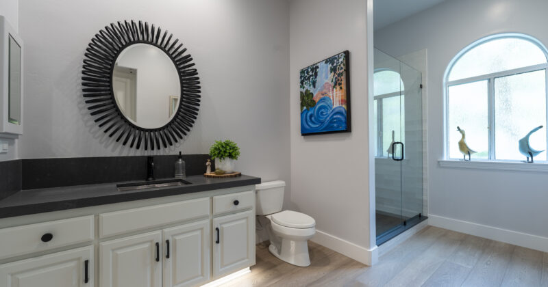 Guest bathroom remodel by Youngren Construction features a walk in shower and custom cabinets with LED lighting.